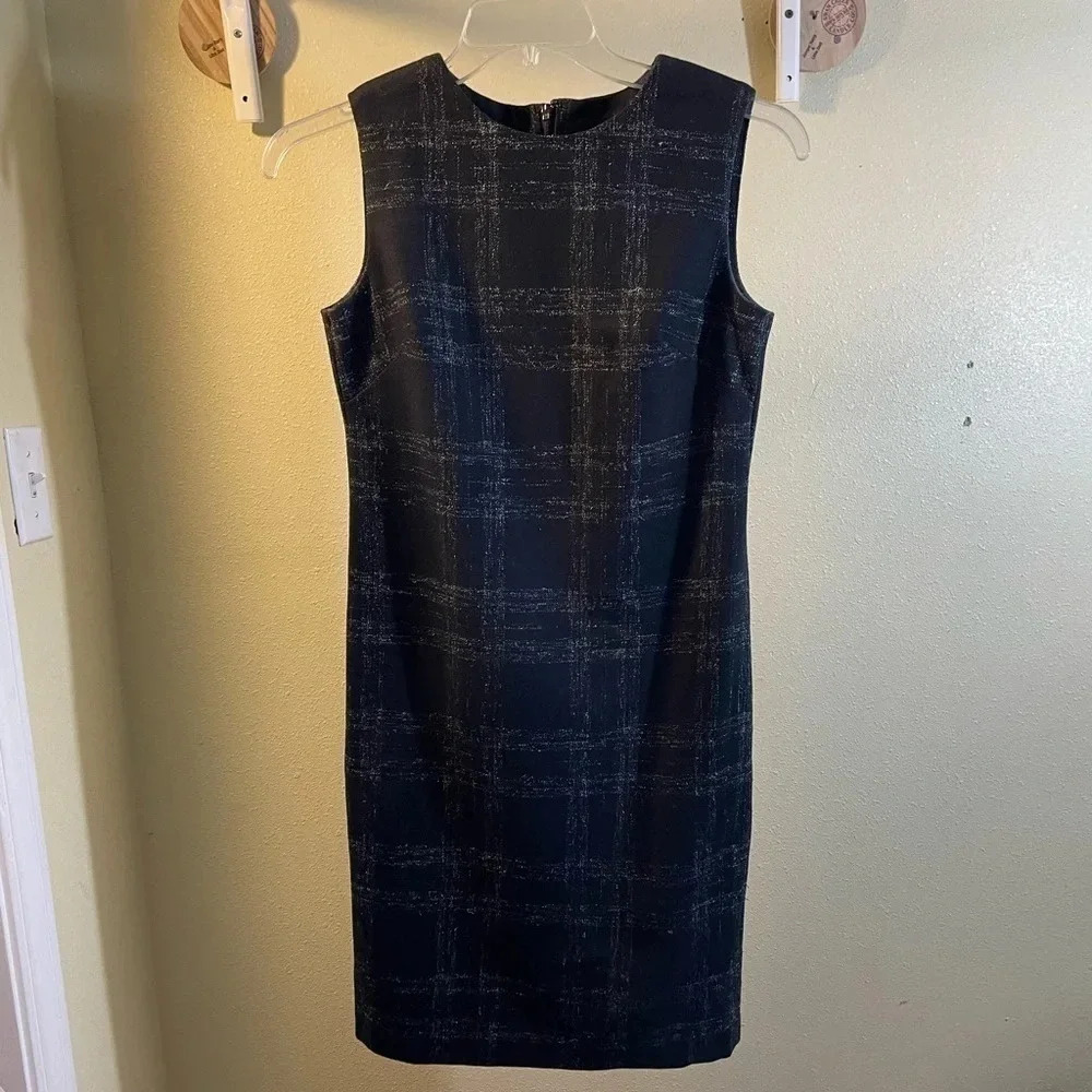 Barneys New York Black Plaid Sleeveless Sheath Dress Wool Viscose Back Zip Sz 2